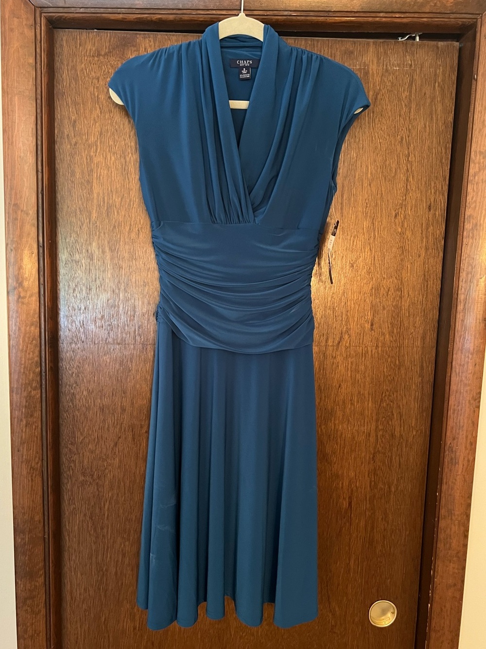Chaps Size Small Blue Teal Draped V-Neck Midi Dress